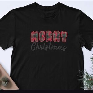 Custom Made Embroidered Black Merry Christmas T-Shirt | Holiday Tee